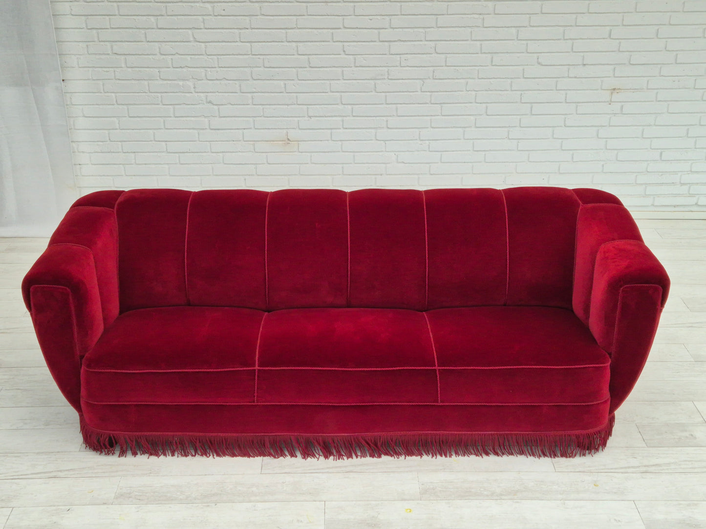 1960s, Danish 3 seater sofa, original condition, furniture velour, oak wood legs.