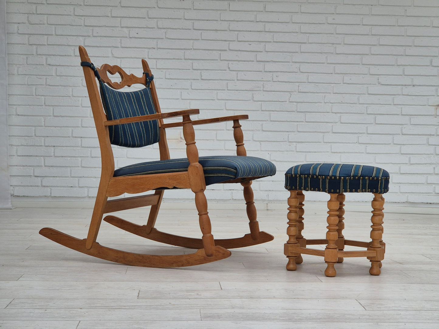 1970s, Danish design, oak wood rocking chair with footstool, furniture wool, original condition.