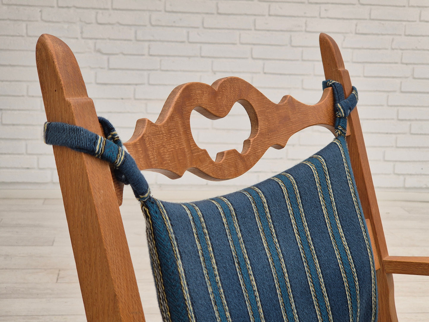 1970s, Danish design, oak wood rocking chair with footstool, furniture wool, original condition.