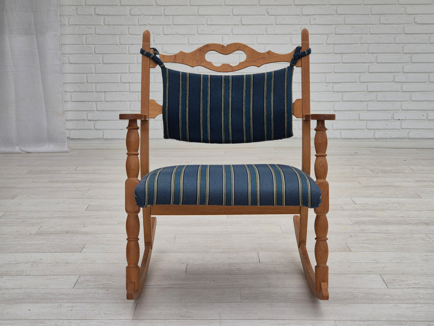 1970s, Danish design, oak wood rocking chair with footstool, furniture wool, original condition.