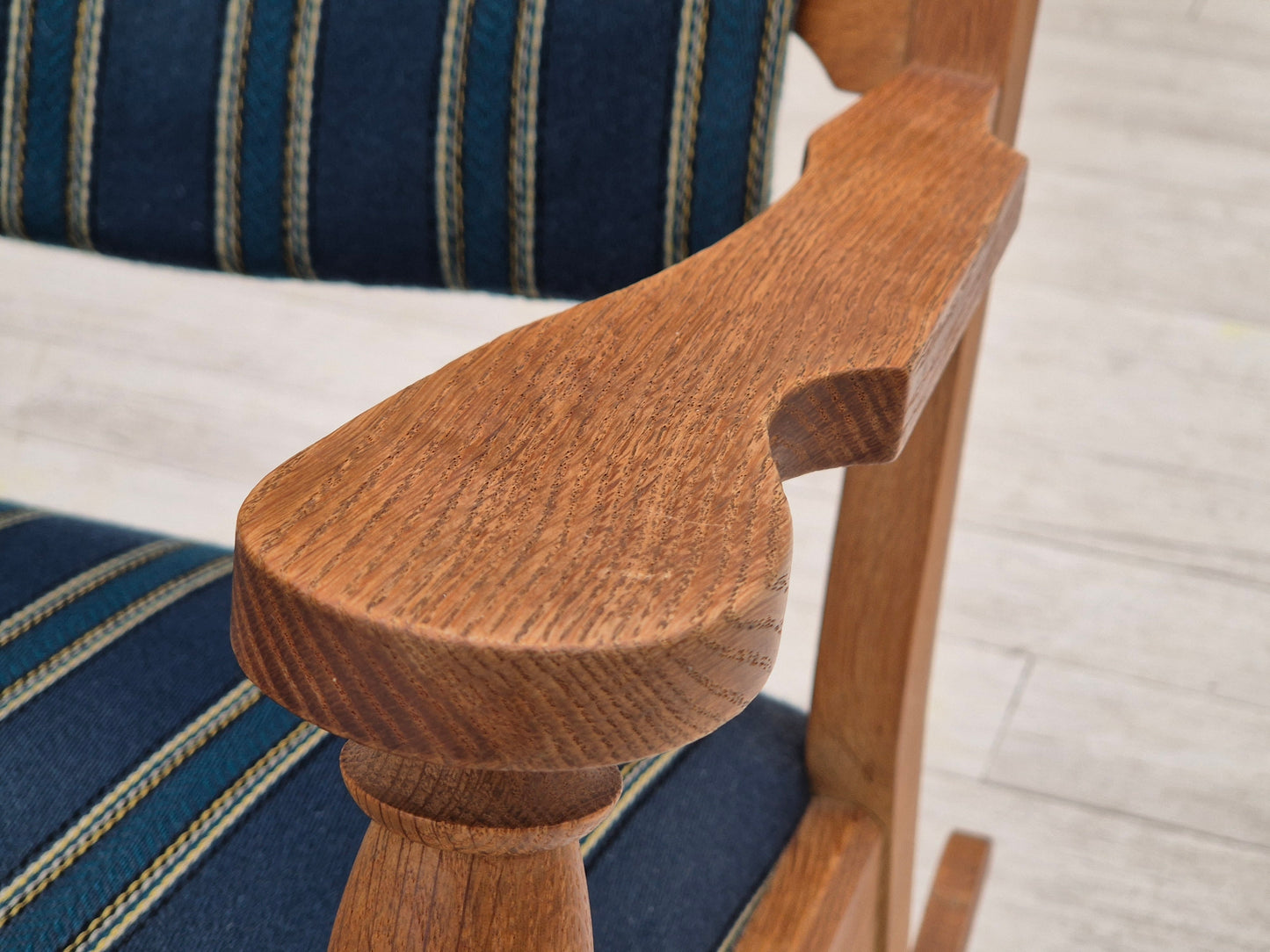 1970s, Danish design, oak wood rocking chair with footstool, furniture wool, original condition.