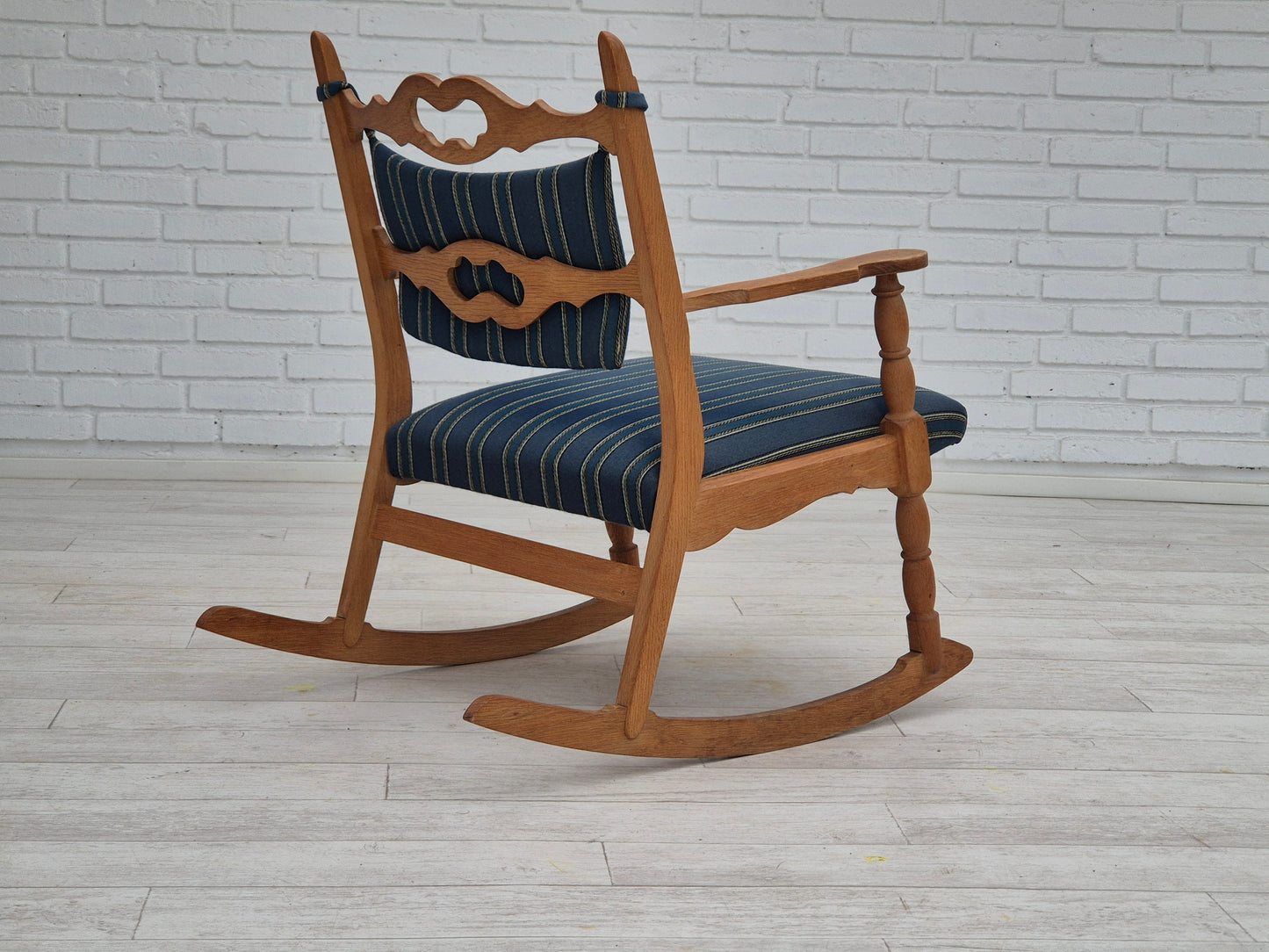 1970s, Danish design, oak wood rocking chair with footstool, furniture wool, original condition.