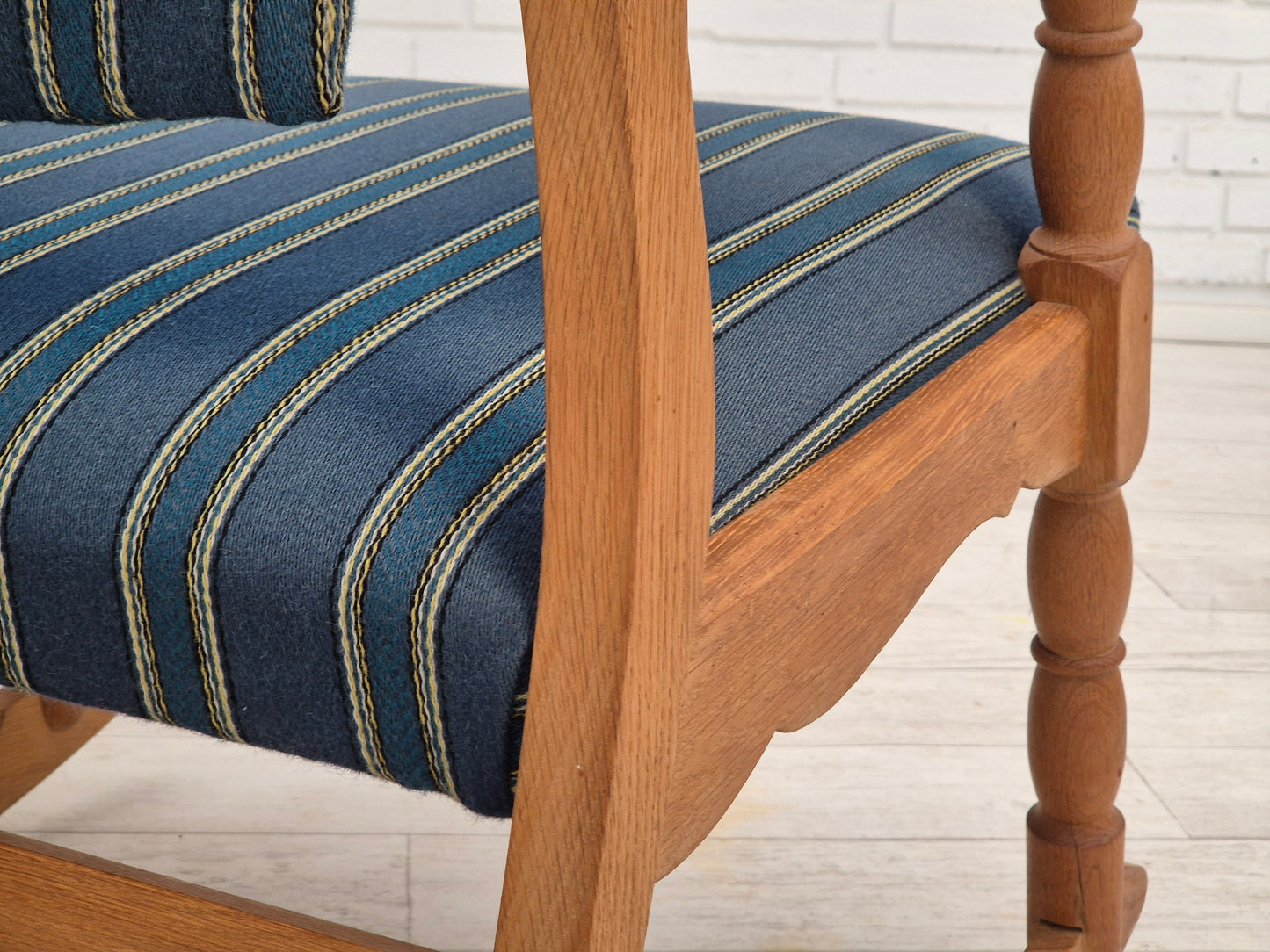 1970s, Danish design, oak wood rocking chair with footstool, furniture wool, original condition.