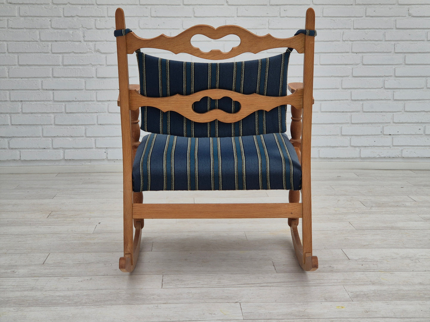 1970s, Danish design, oak wood rocking chair with footstool, furniture wool, original condition.