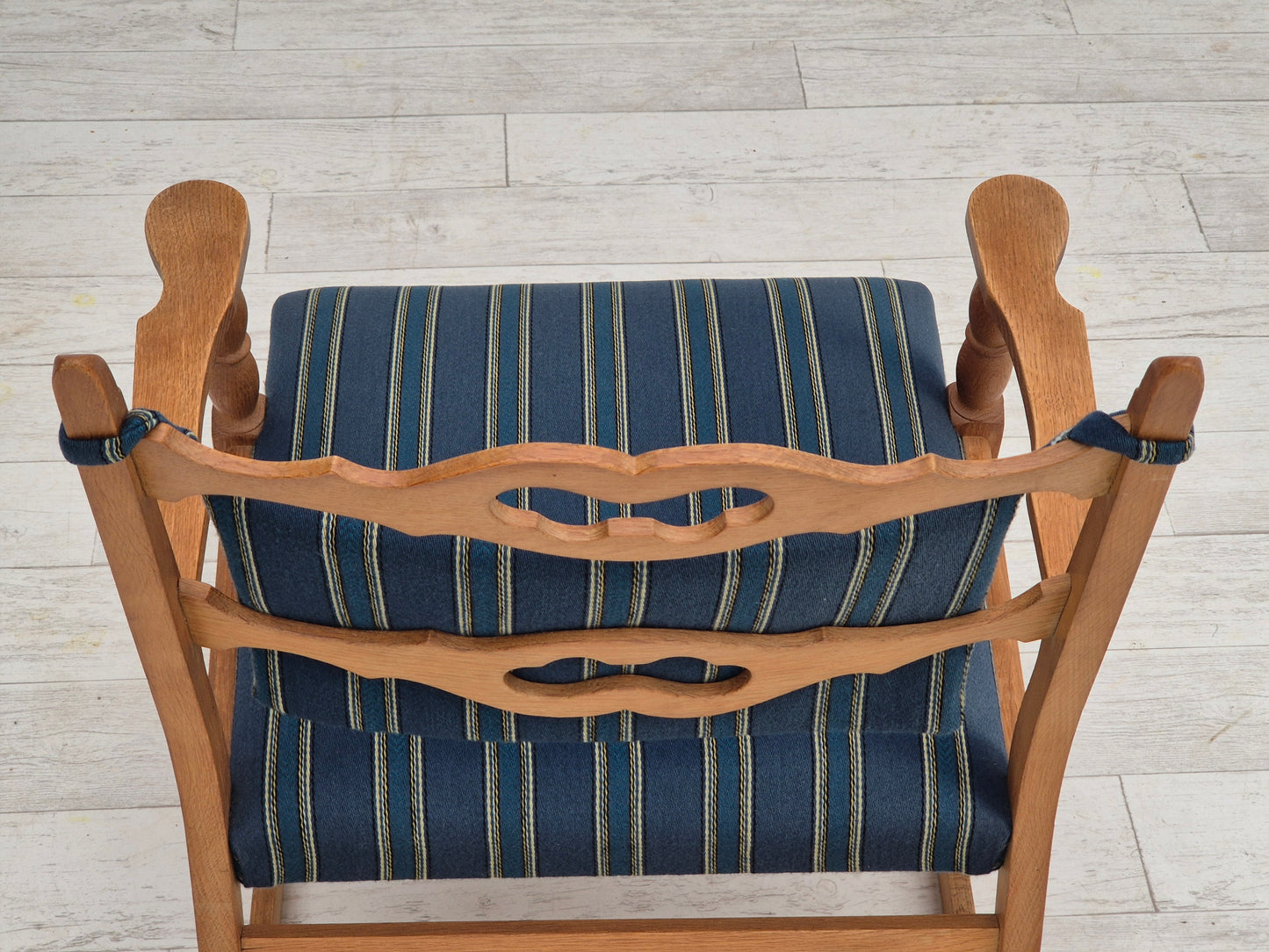 1970s, Danish design, oak wood rocking chair with footstool, furniture wool, original condition.