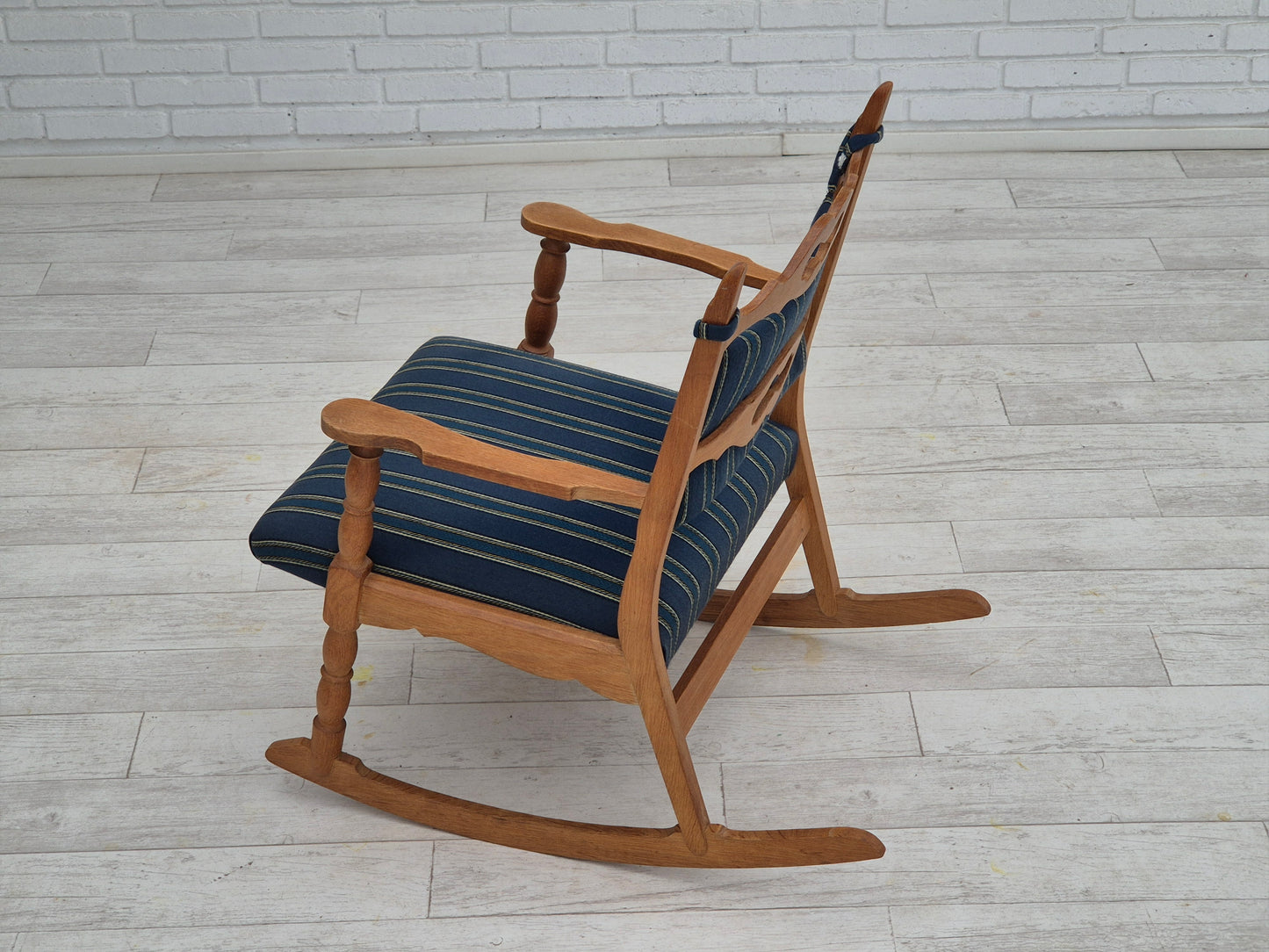 1970s, Danish design, oak wood rocking chair with footstool, furniture wool, original condition.