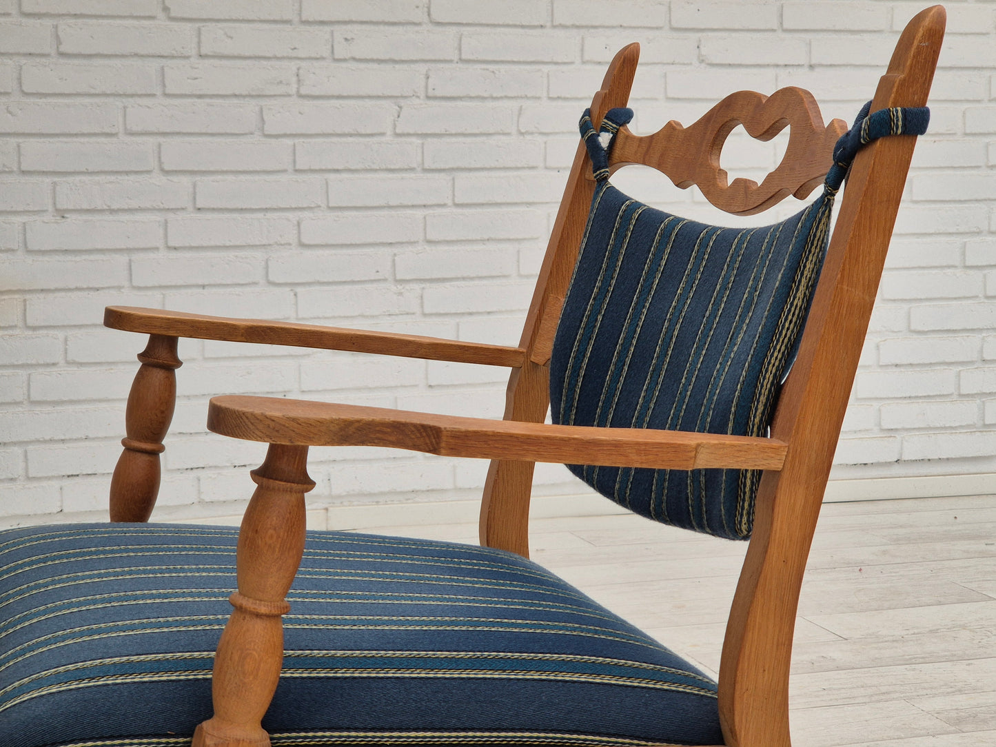 1970s, Danish design, oak wood rocking chair with footstool, furniture wool, original condition.