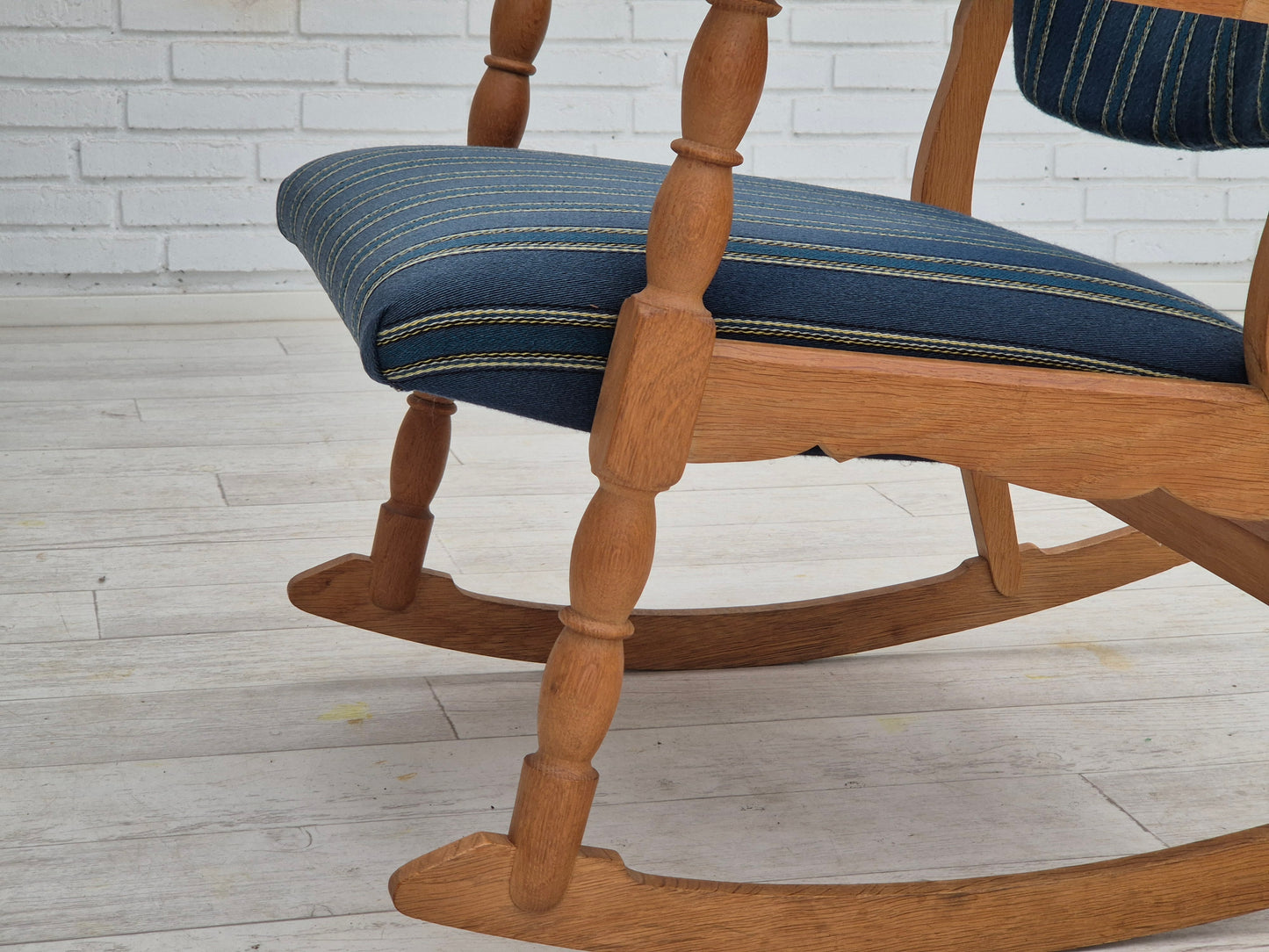 1970s, Danish design, oak wood rocking chair with footstool, furniture wool, original condition.