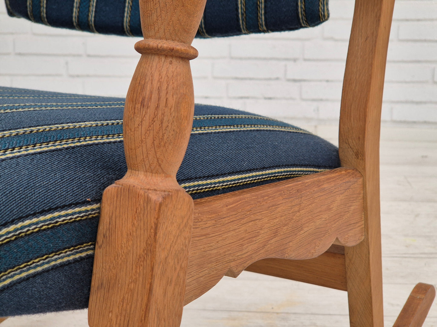 1970s, Danish design, oak wood rocking chair with footstool, furniture wool, original condition.