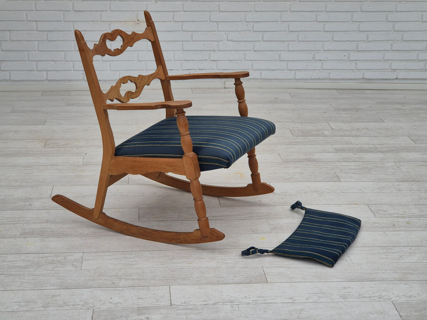 1970s, Danish design, oak wood rocking chair with footstool, furniture wool, original condition.