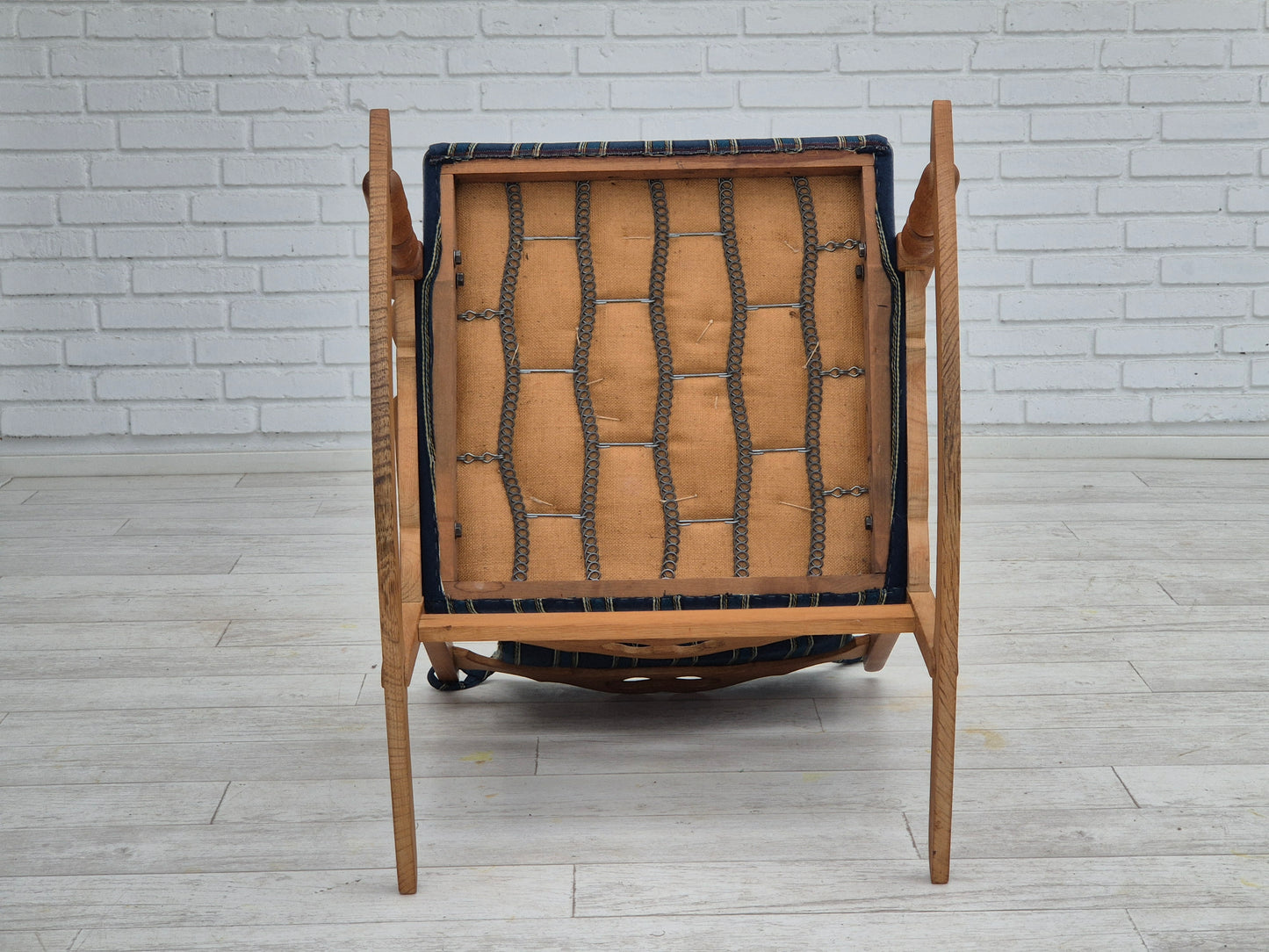 1970s, Danish design, oak wood rocking chair with footstool, furniture wool, original condition.