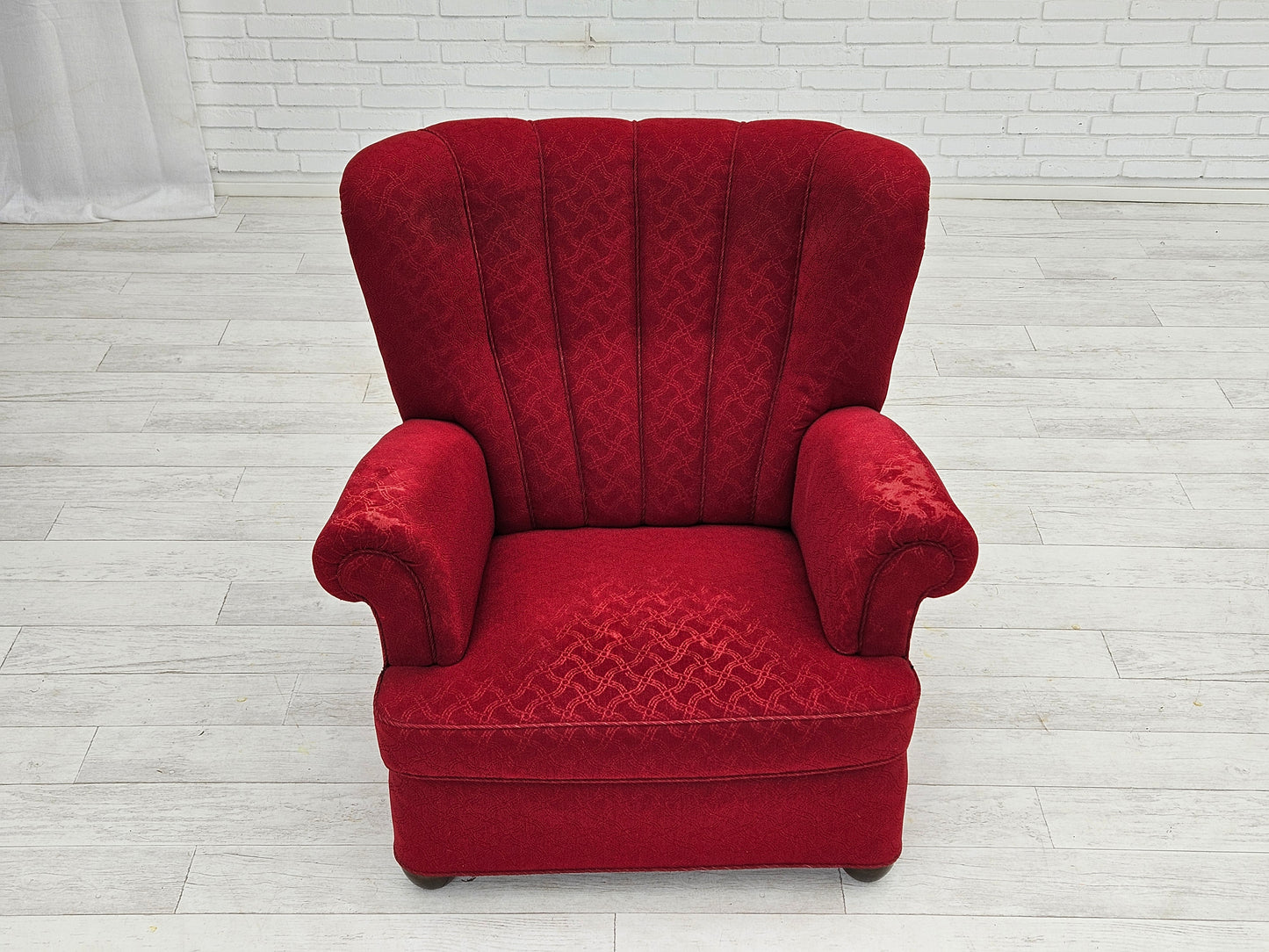 1960s, Danish relax armchair, original condition, red cotton/wool, oak wood.