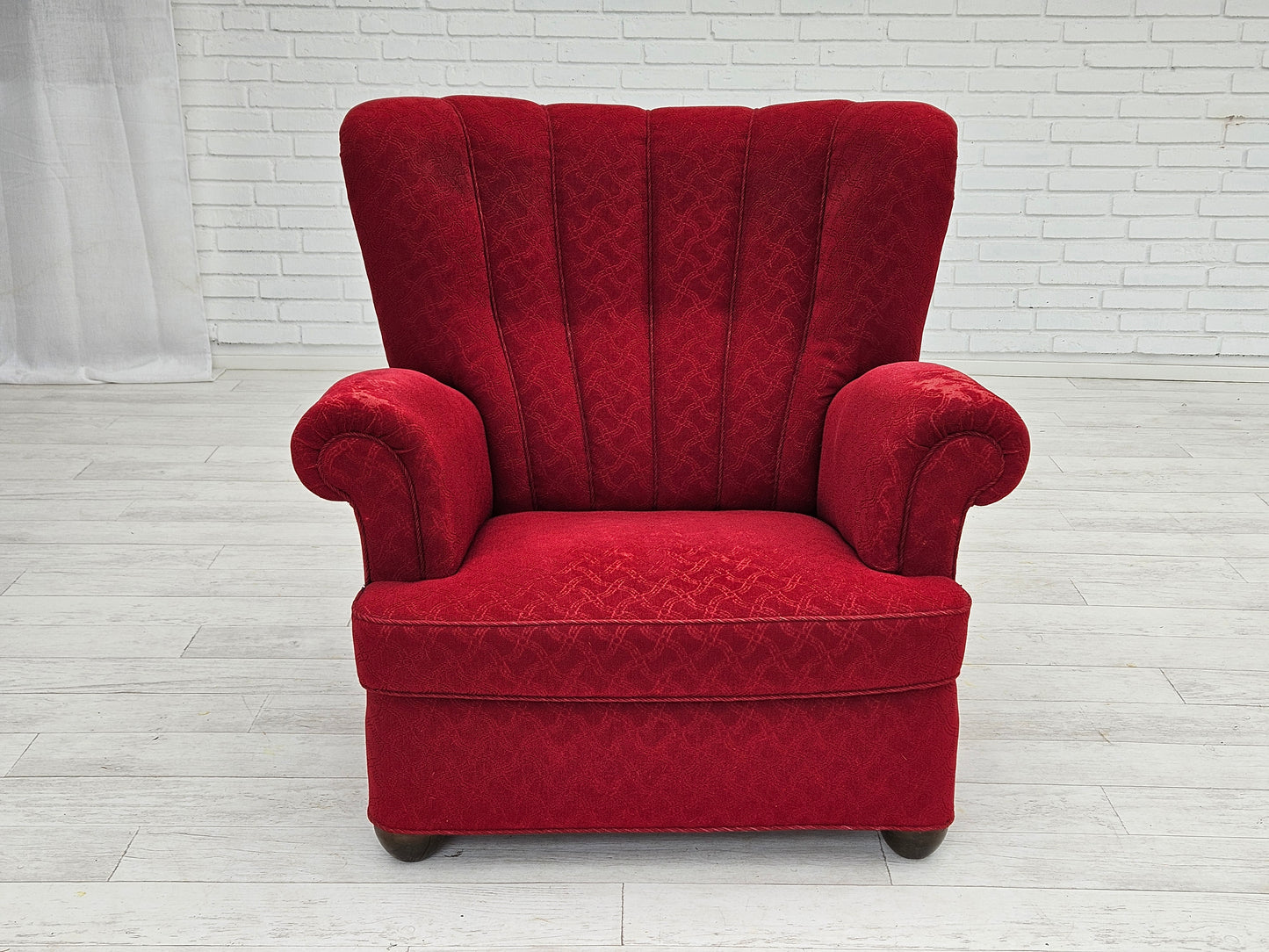 1960s, Danish relax armchair, original condition, red cotton/wool, oak wood.