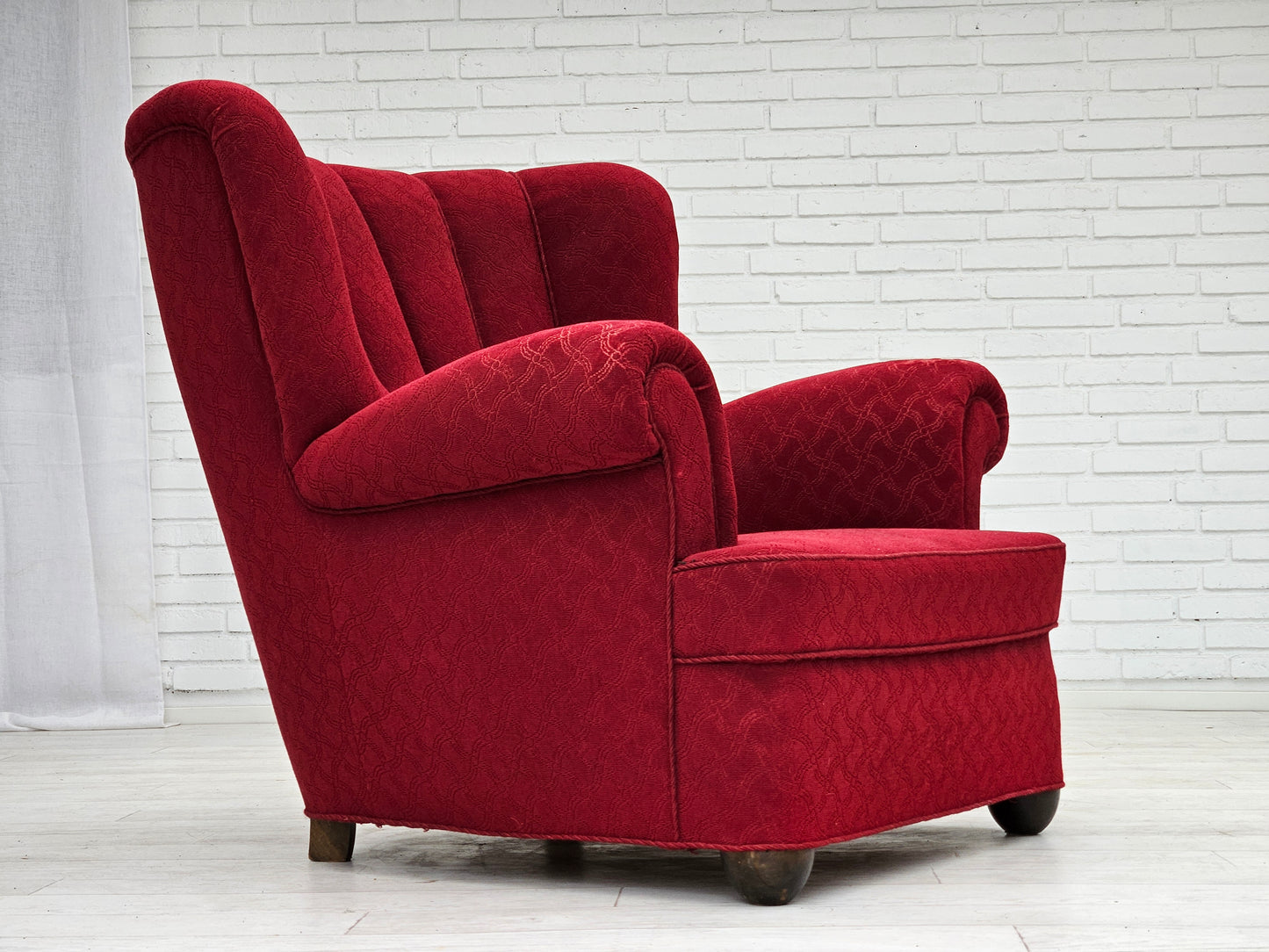 1960s, Danish relax armchair, original condition, red cotton/wool, oak wood.