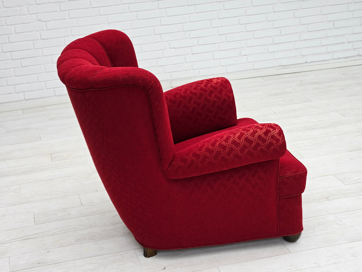 1960s, Danish relax armchair, original condition, red cotton/wool, oak wood.