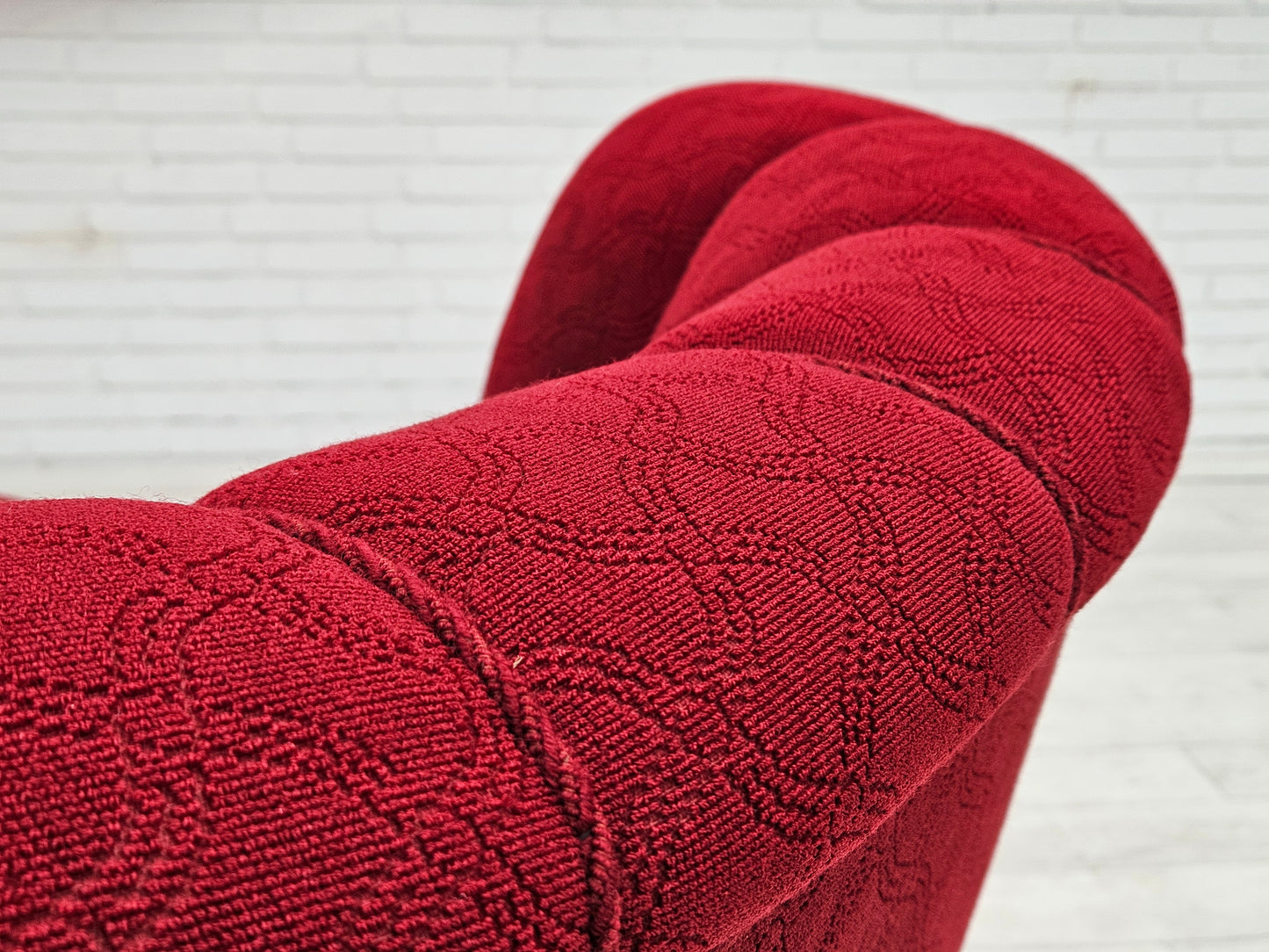 1960s, Danish relax armchair, original condition, red cotton/wool, oak wood.