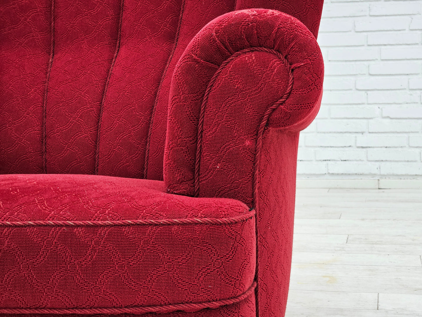 1960s, Danish relax armchair, original condition, red cotton/wool, oak wood.