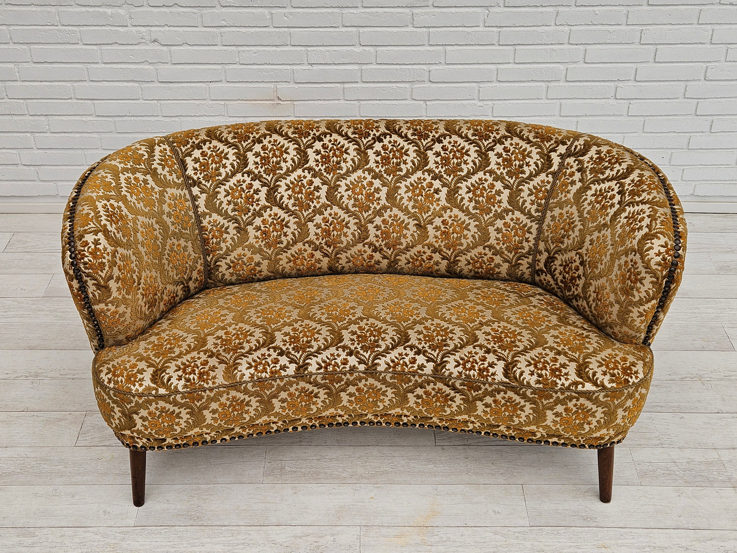 1960s, Danish 2 seater "Banana" sofa, original condition, run/beige furniture fabric, beech wood.