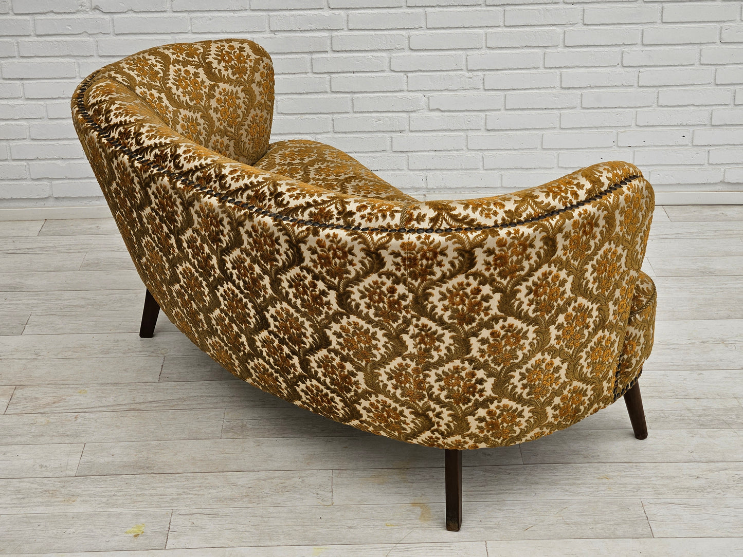 1960s, Danish 2 seater "Banana" sofa, original condition, run/beige furniture fabric, beech wood.