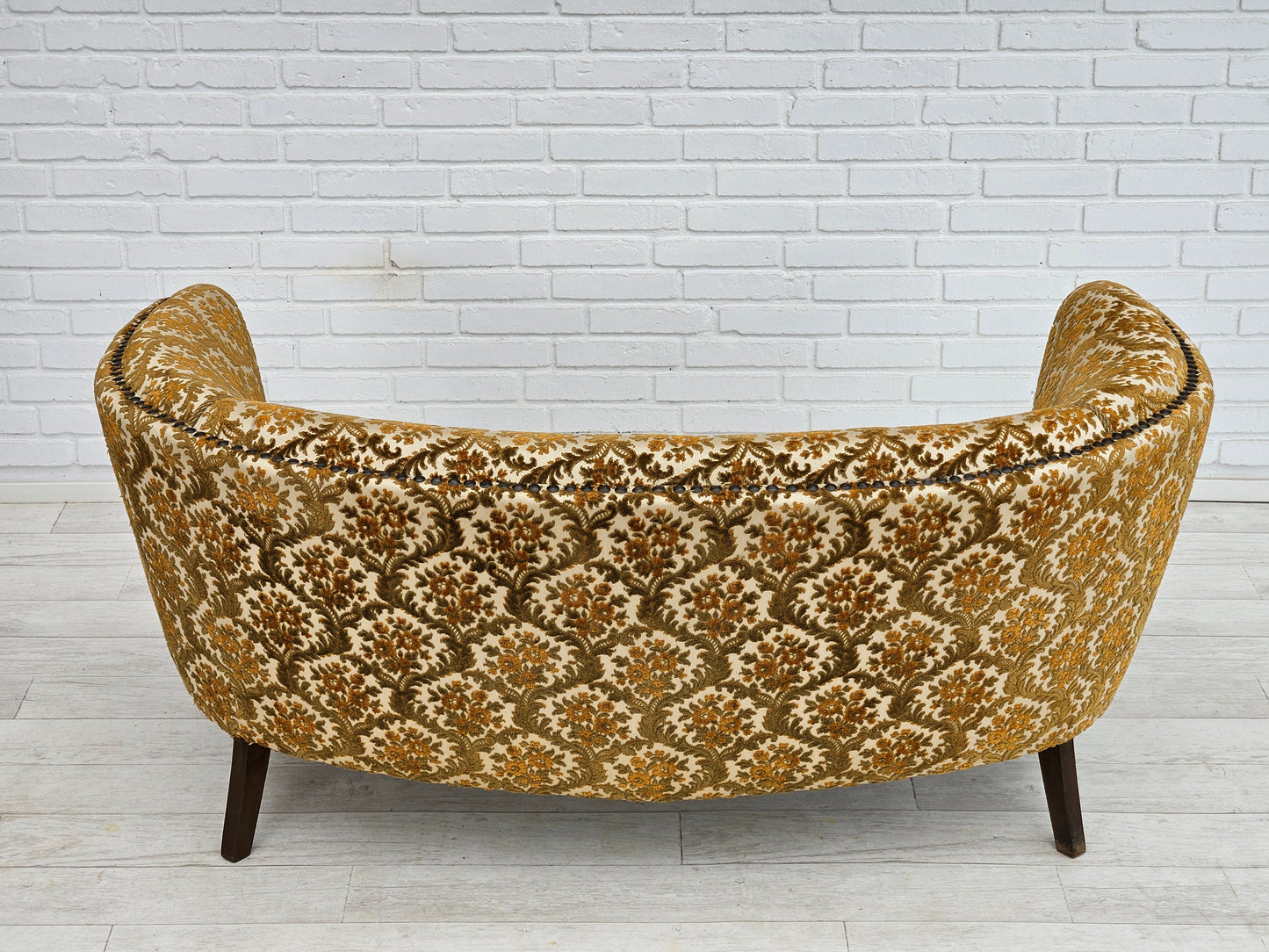 1960s, Danish 2 seater "Banana" sofa, original condition, run/beige furniture fabric, beech wood.