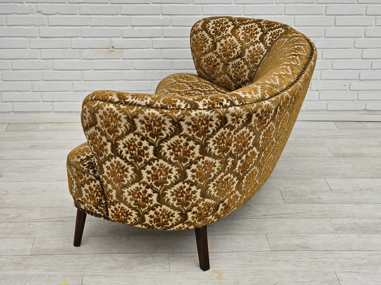 1960s, Danish 2 seater "Banana" sofa, original condition, run/beige furniture fabric, beech wood.