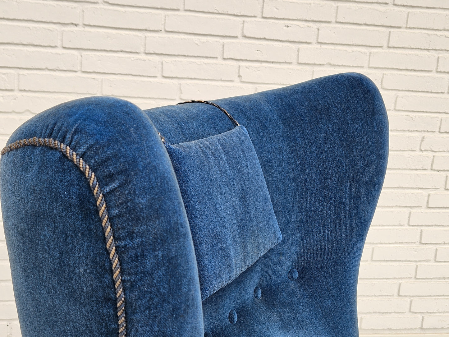 1960s, Danish highback relax armchair, original condition, blue furniture velour.