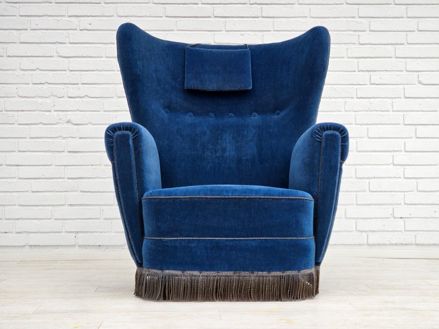 1960s, Danish highback relax armchair, original condition, blue furniture velour.