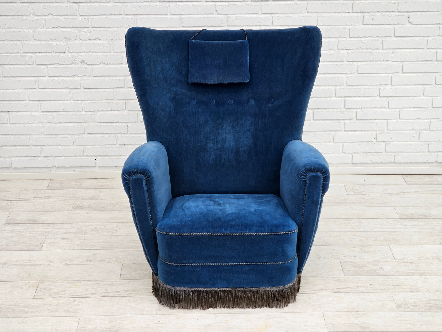 1960s, Danish highback relax armchair, original condition, blue furniture velour.