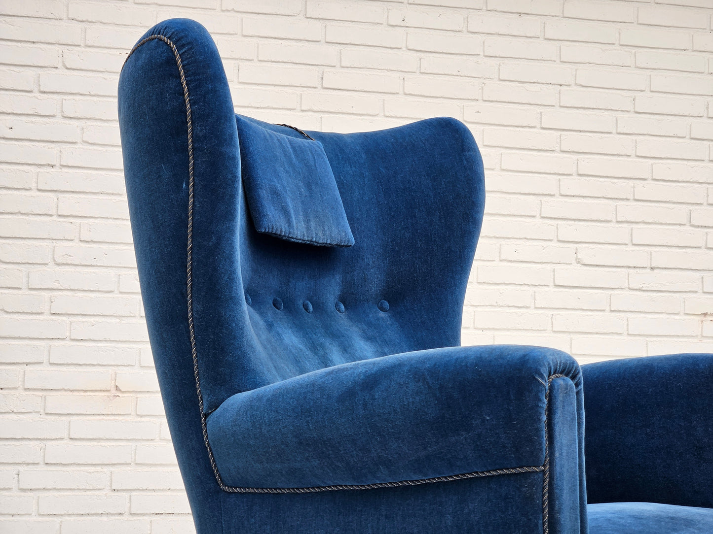 1960s, Danish highback relax armchair, original condition, blue furniture velour.