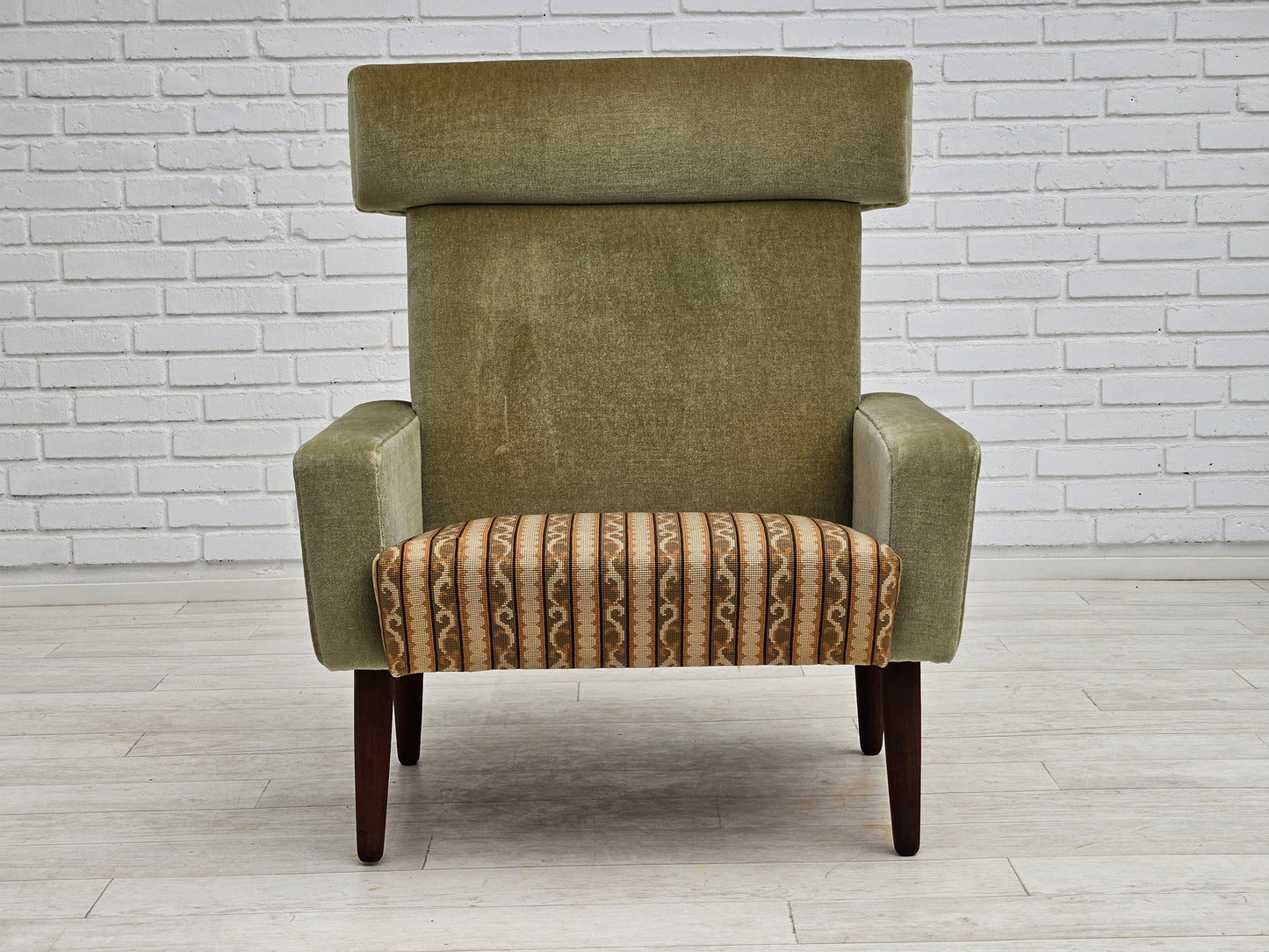 1970s, Danish armchair, original condition, furniture velour, woven wool fabric, teakwood.