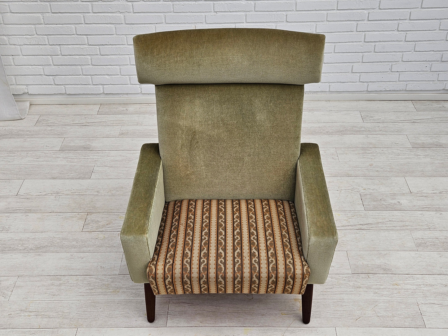 1970s, Danish armchair, original condition, furniture velour, woven wool fabric, teakwood.