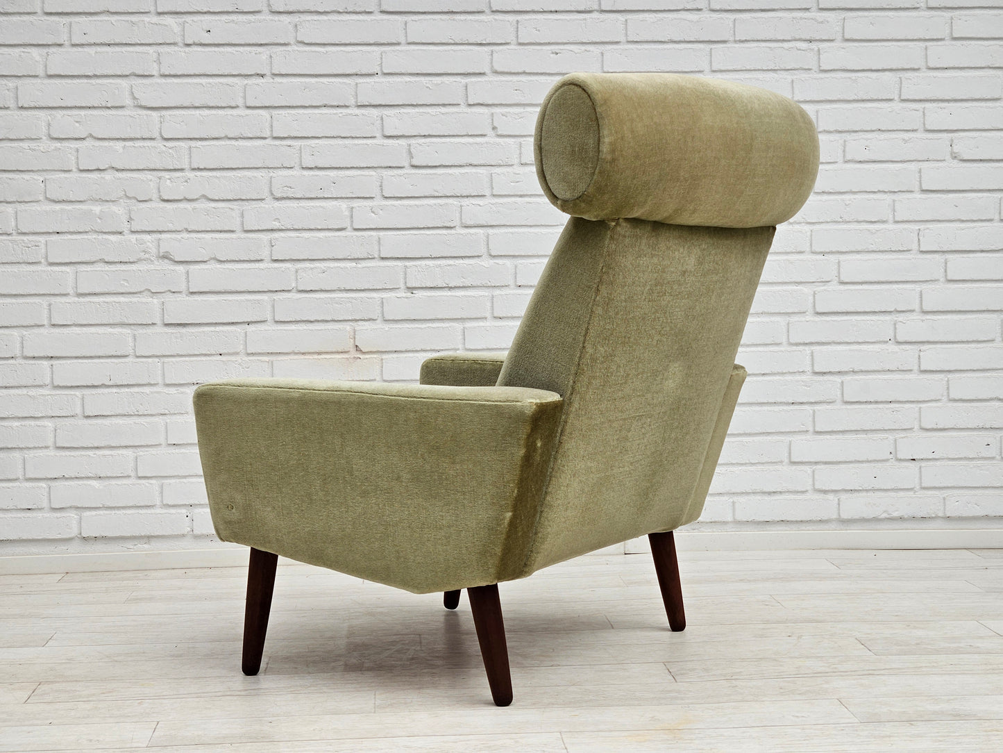 1970s, Danish armchair, original condition, furniture velour, woven wool fabric, teakwood.