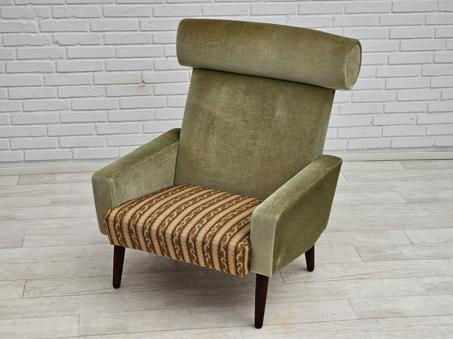 1970s, Danish armchair, original condition, furniture velour, woven wool fabric, teakwood.