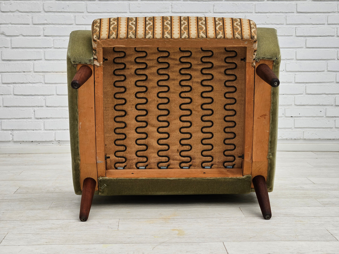 1970s, Danish armchair, original condition, furniture velour, woven wool fabric, teakwood.