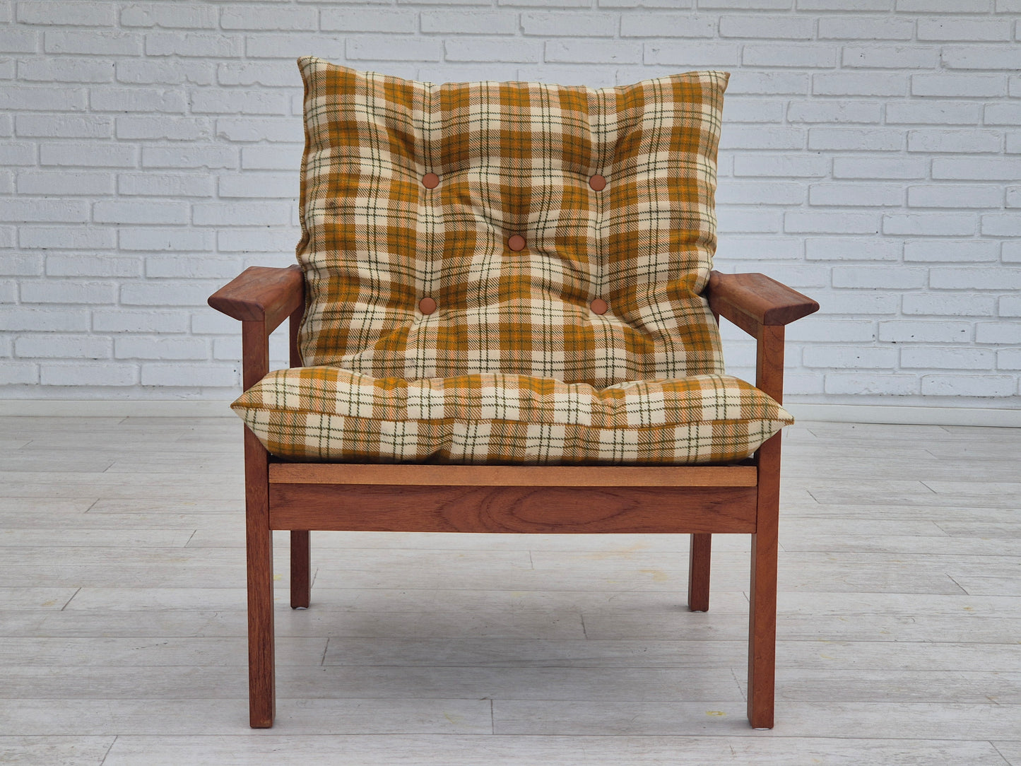 1970s, Danish lounge chair, original condition, furniture wool fabric, teak wood.