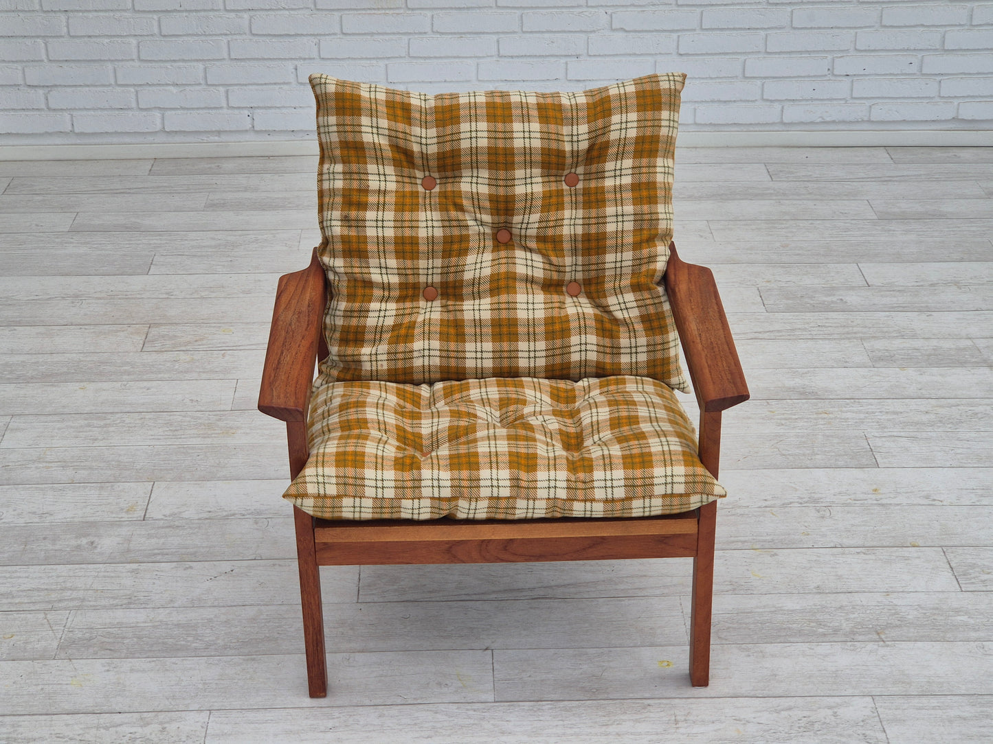 1970s, Danish lounge chair, original condition, furniture wool fabric, teak wood.