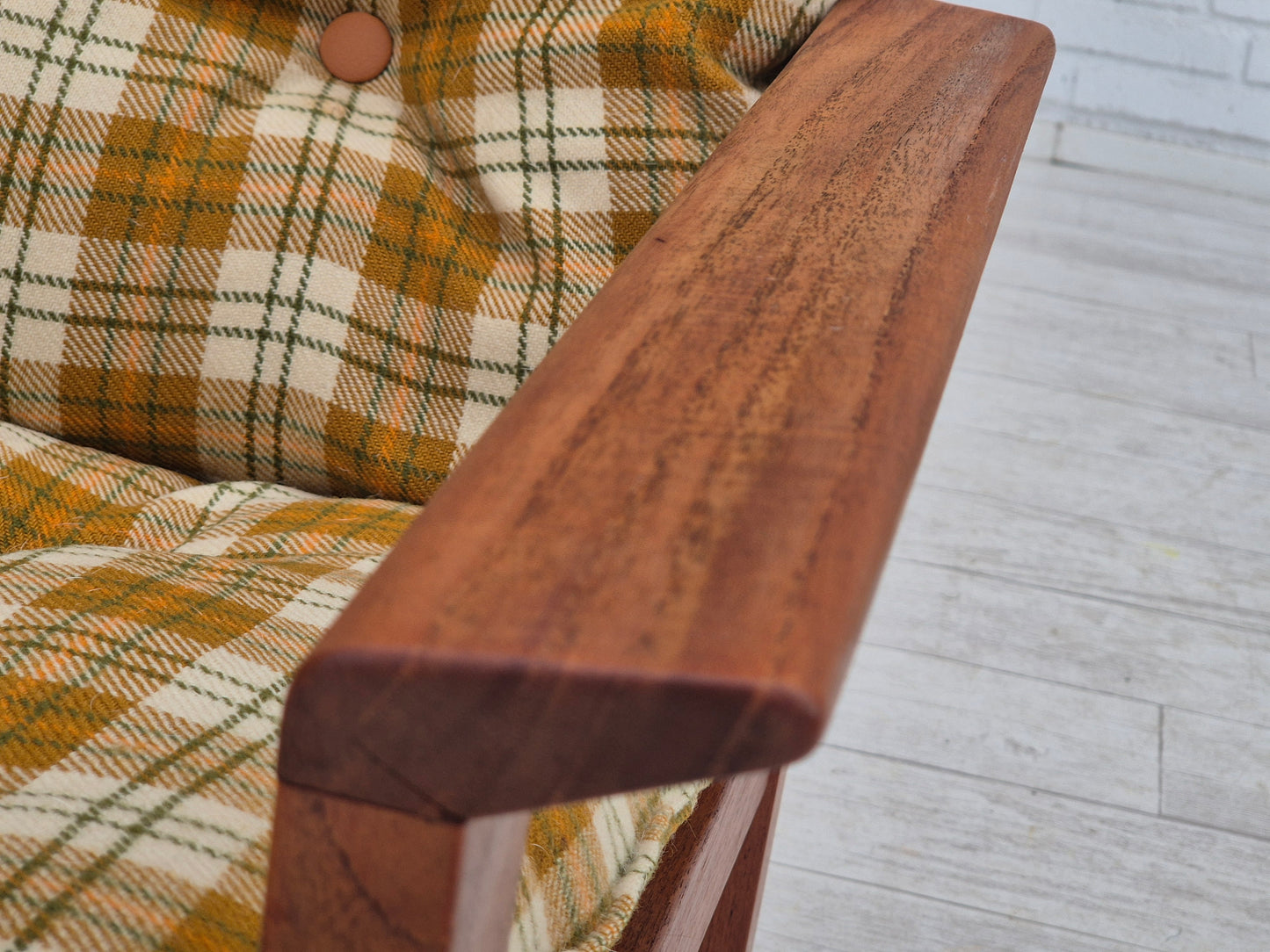 1970s, Danish lounge chair, original condition, furniture wool fabric, teak wood.