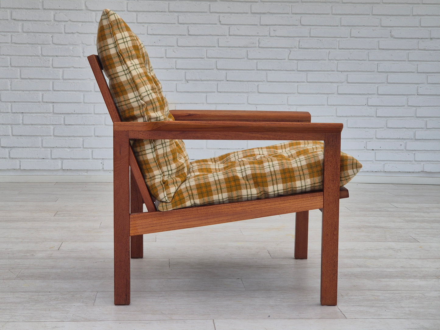 1970s, Danish lounge chair, original condition, furniture wool fabric, teak wood.