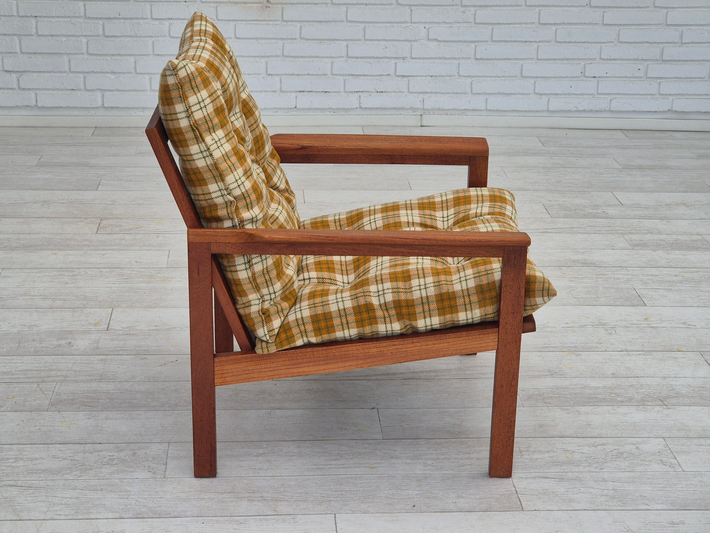 1970s, Danish lounge chair, original condition, furniture wool fabric, teak wood.