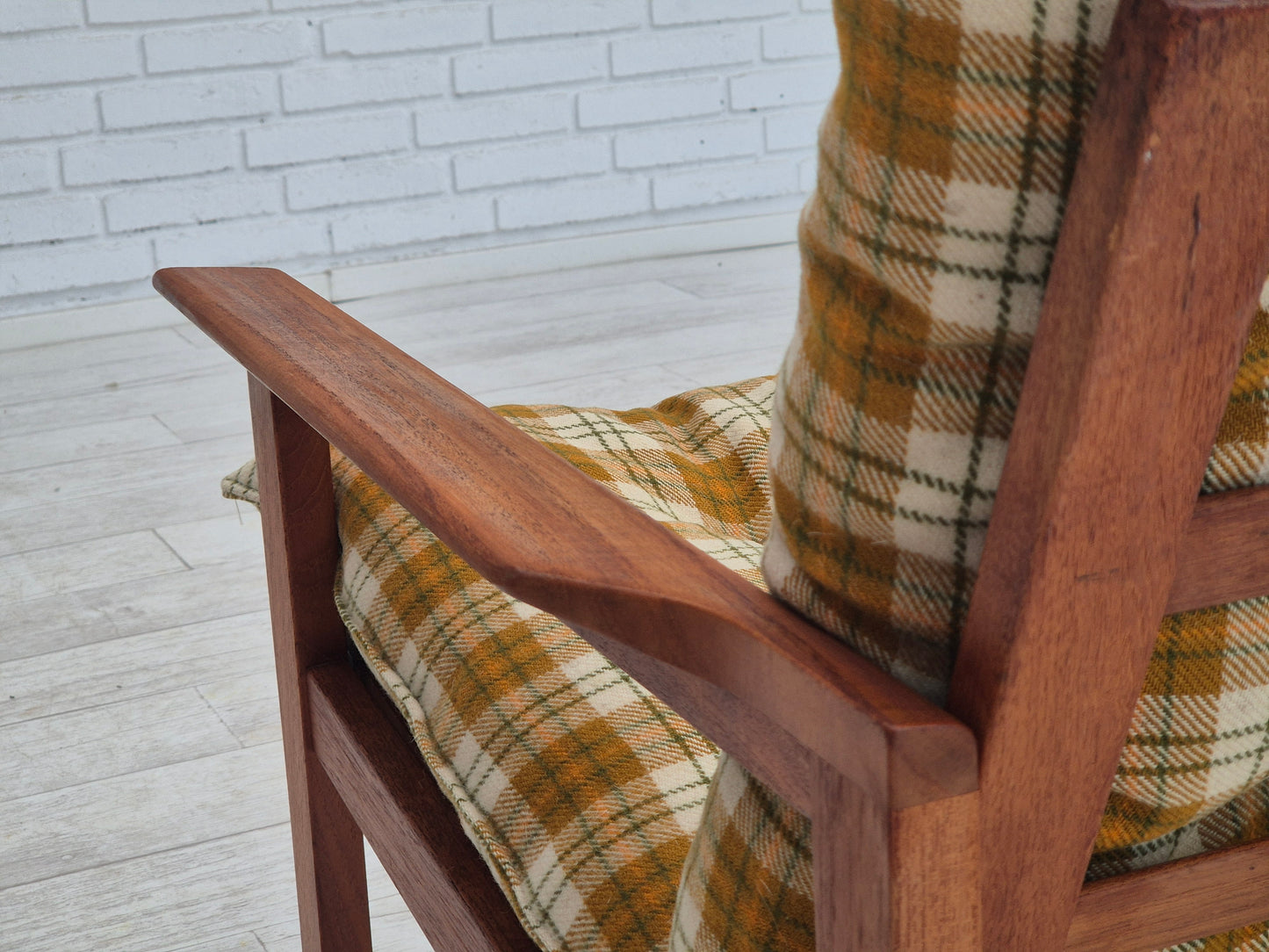 1970s, Danish lounge chair, original condition, furniture wool fabric, teak wood.