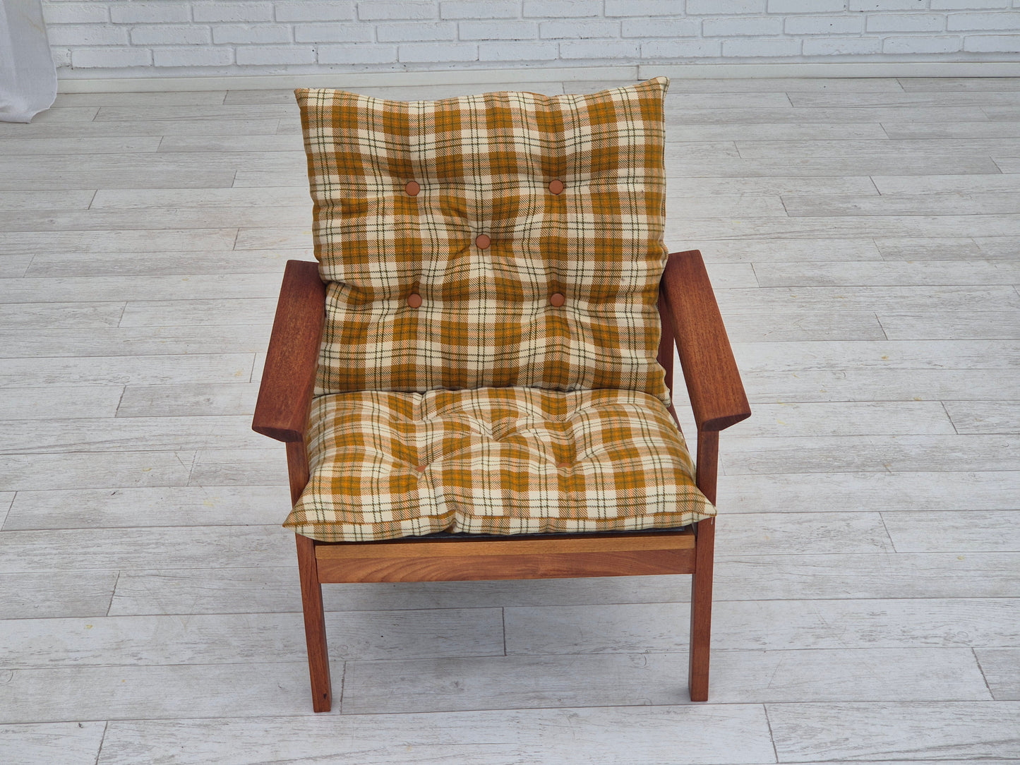 1970s, Danish lounge chair, original condition, furniture wool fabric, teak wood.