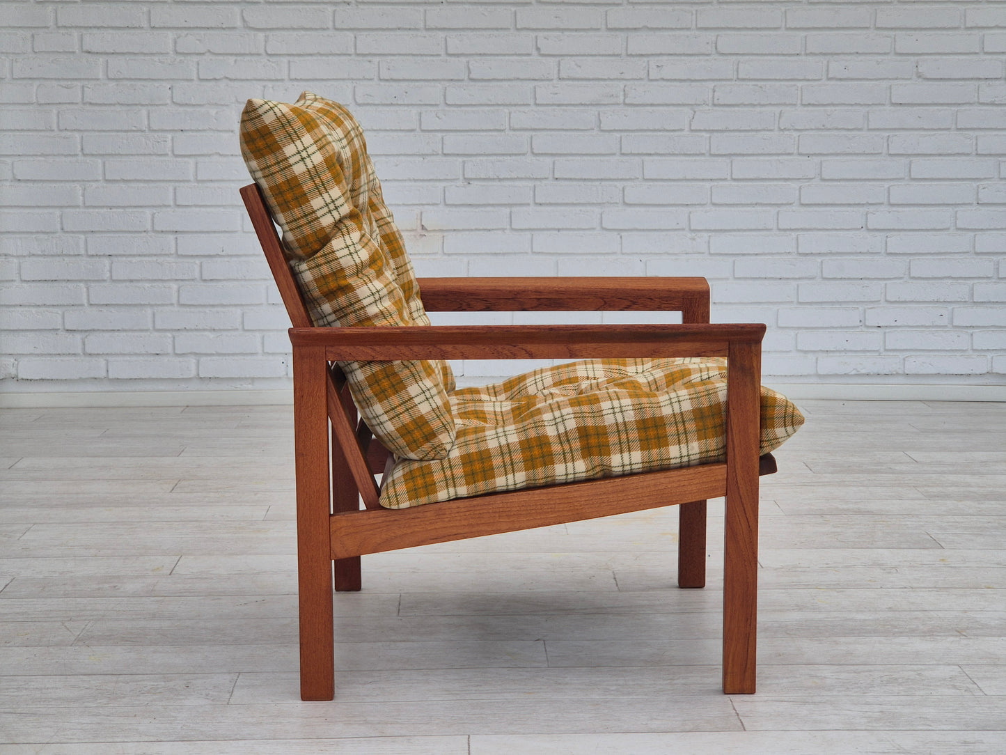 1970s, Danish lounge chair, original condition, furniture wool fabric, teak wood.