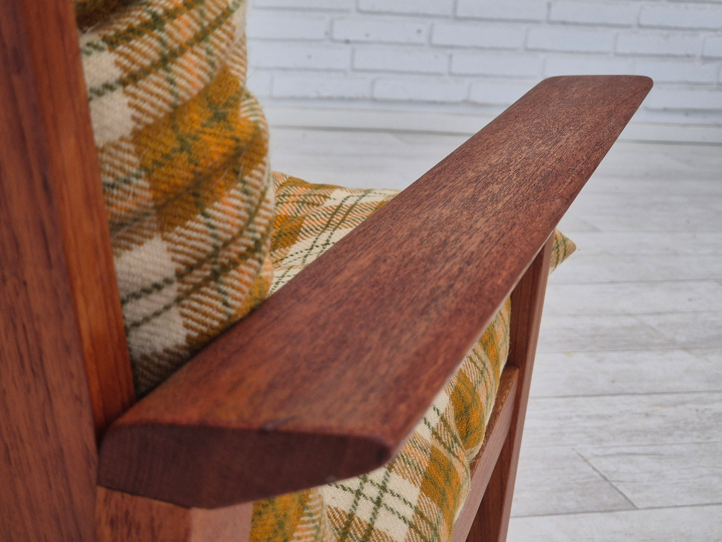 1970s, Danish lounge chair, original condition, furniture wool fabric, teak wood.