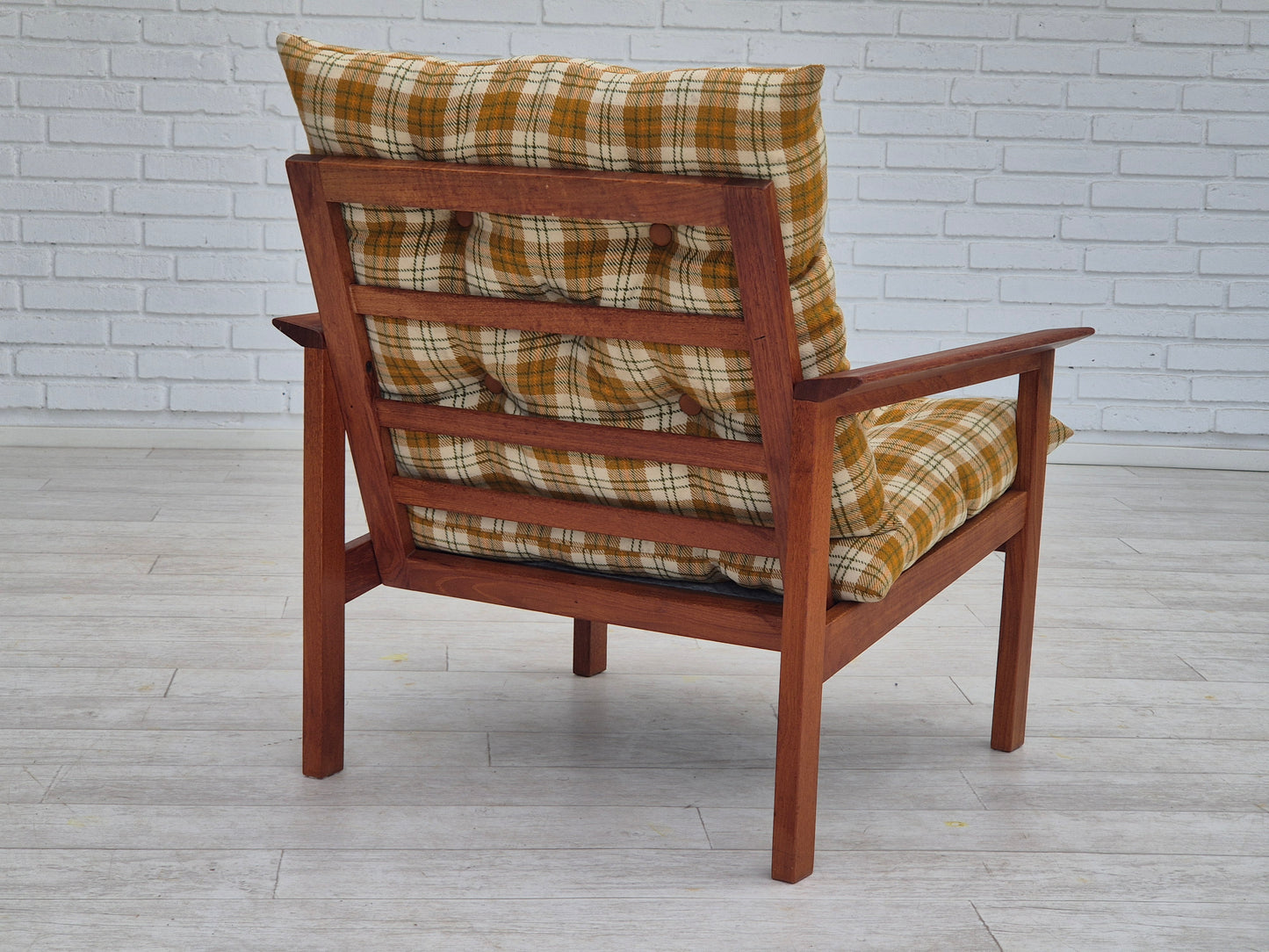 1970s, Danish lounge chair, original condition, furniture wool fabric, teak wood.