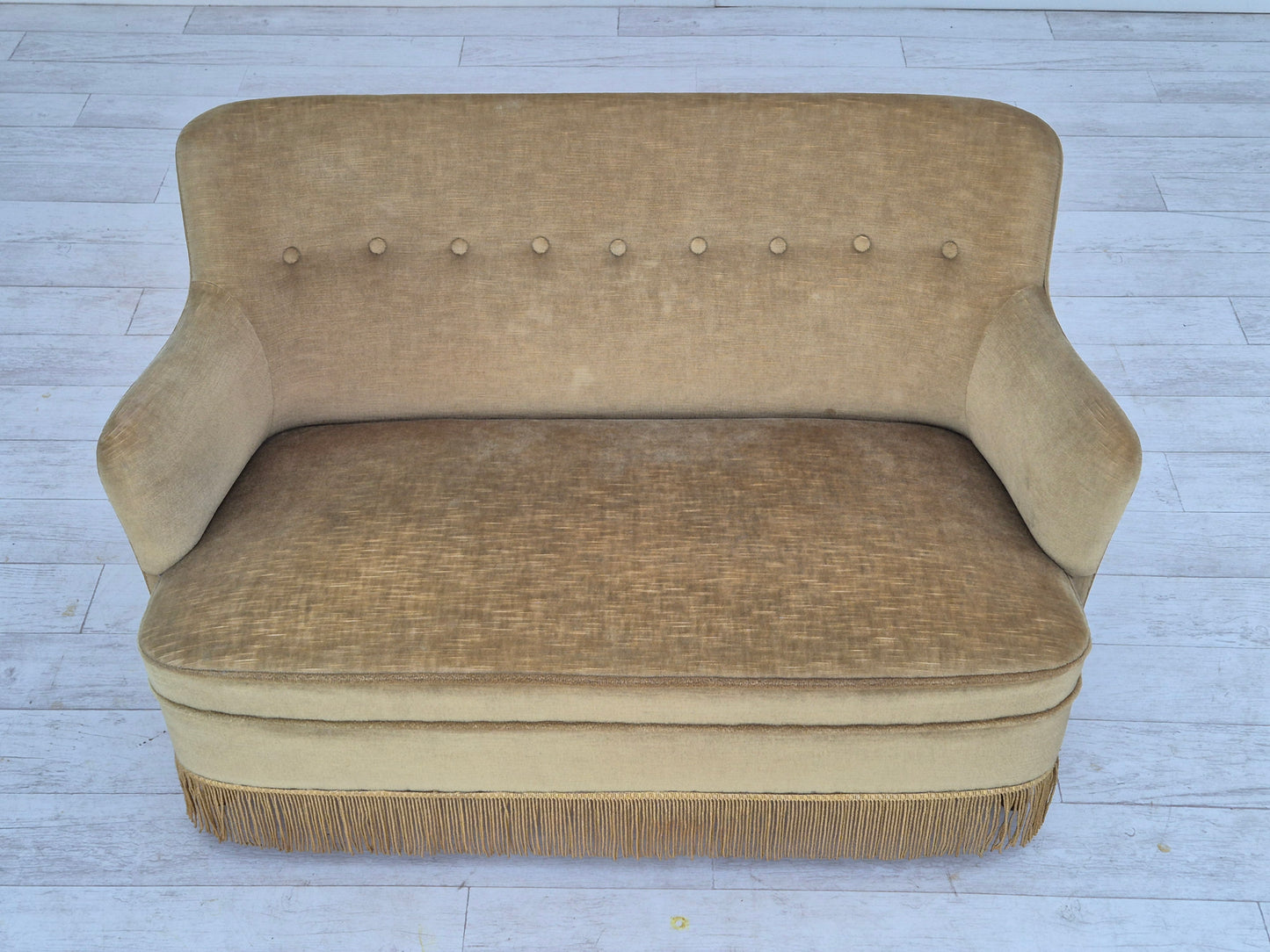 1970s, Danish 2 seater sofa, original condition, green furniture velour, beech wood legs.