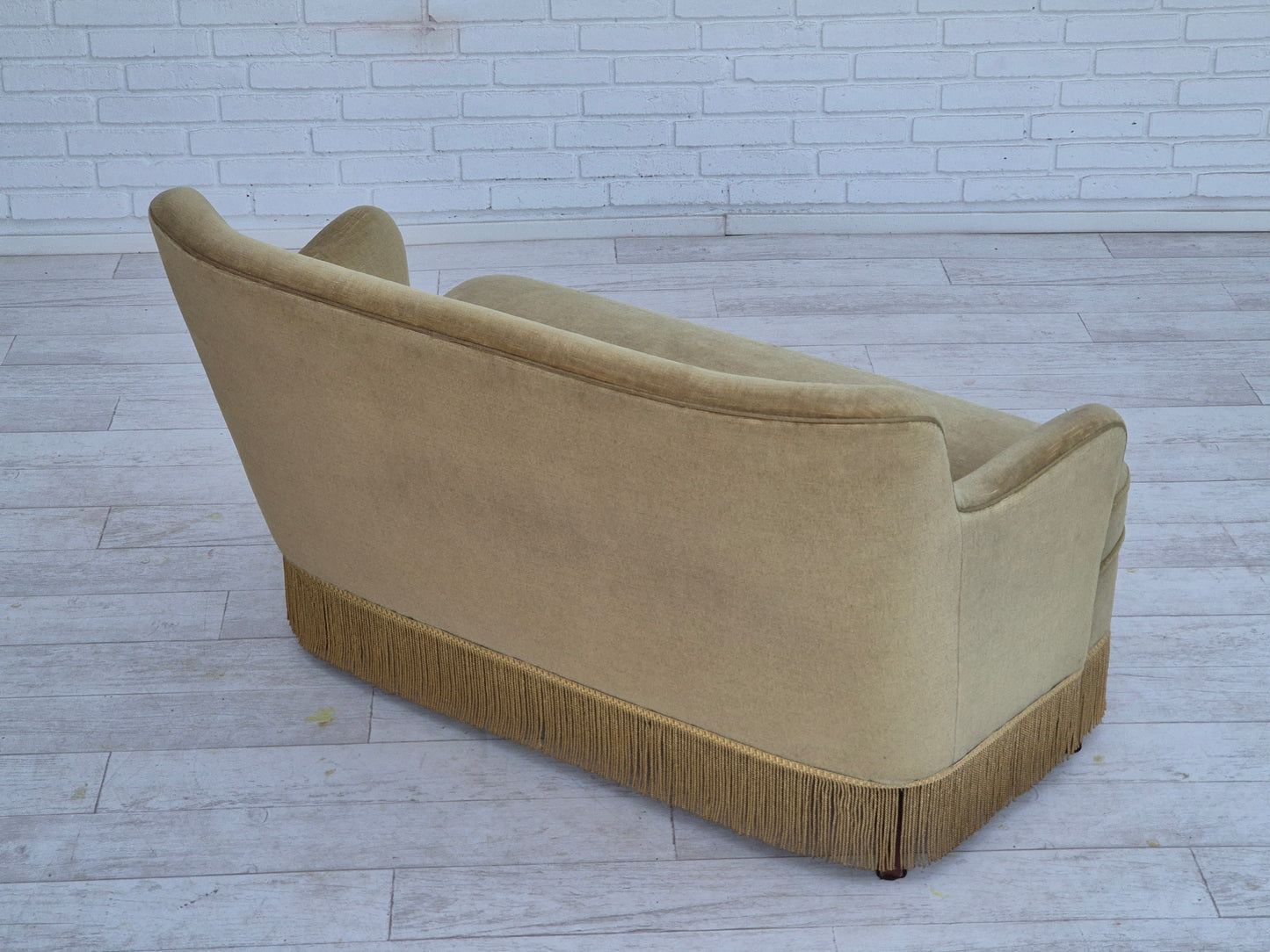 1970s, Danish 2 seater sofa, original condition, green furniture velour, beech wood legs.