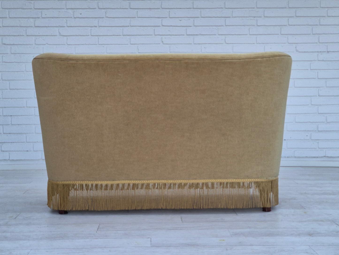 1970s, Danish 2 seater sofa, original condition, green furniture velour, beech wood legs.