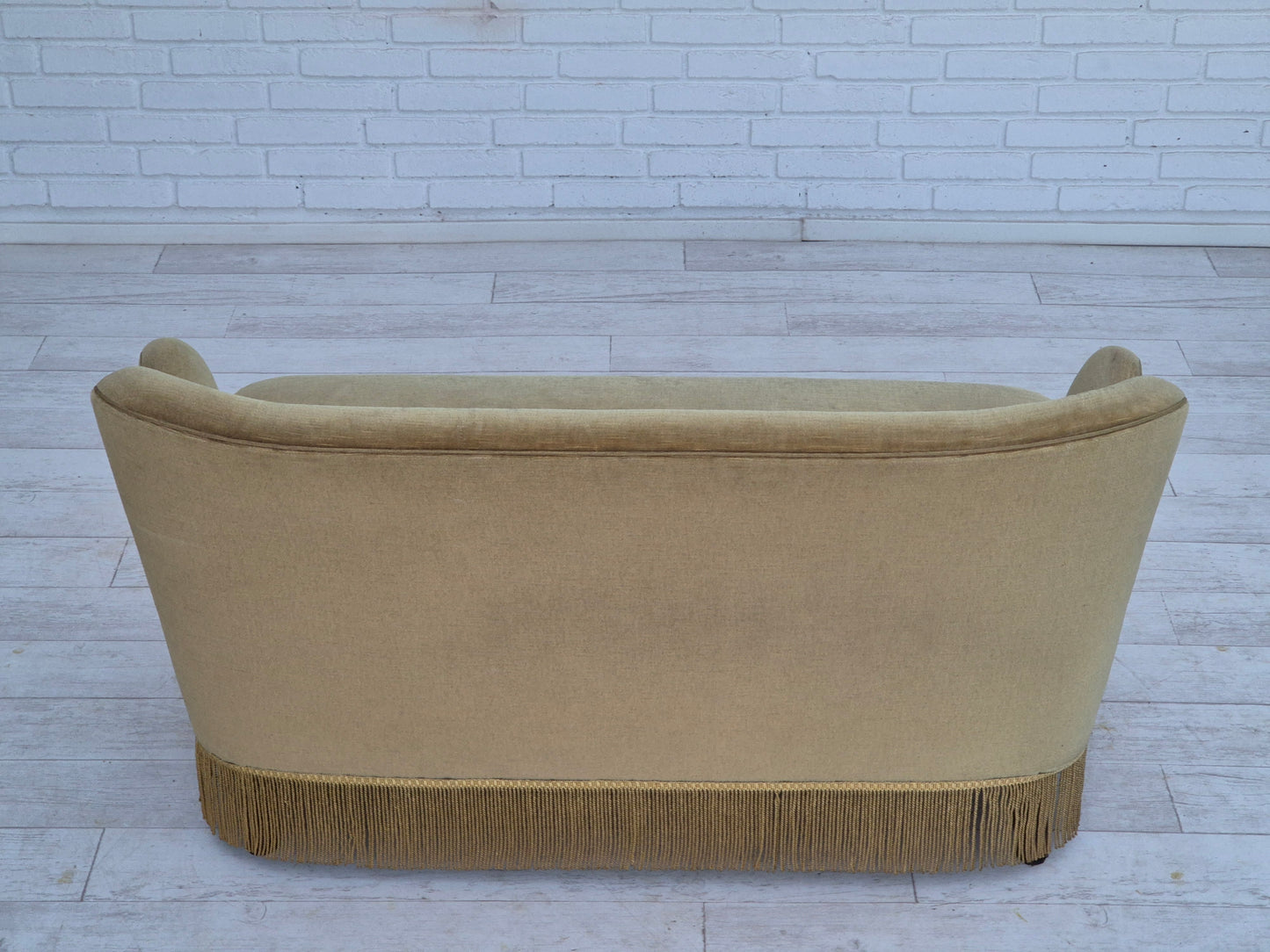 1970s, Danish 2 seater sofa, original condition, green furniture velour, beech wood legs.