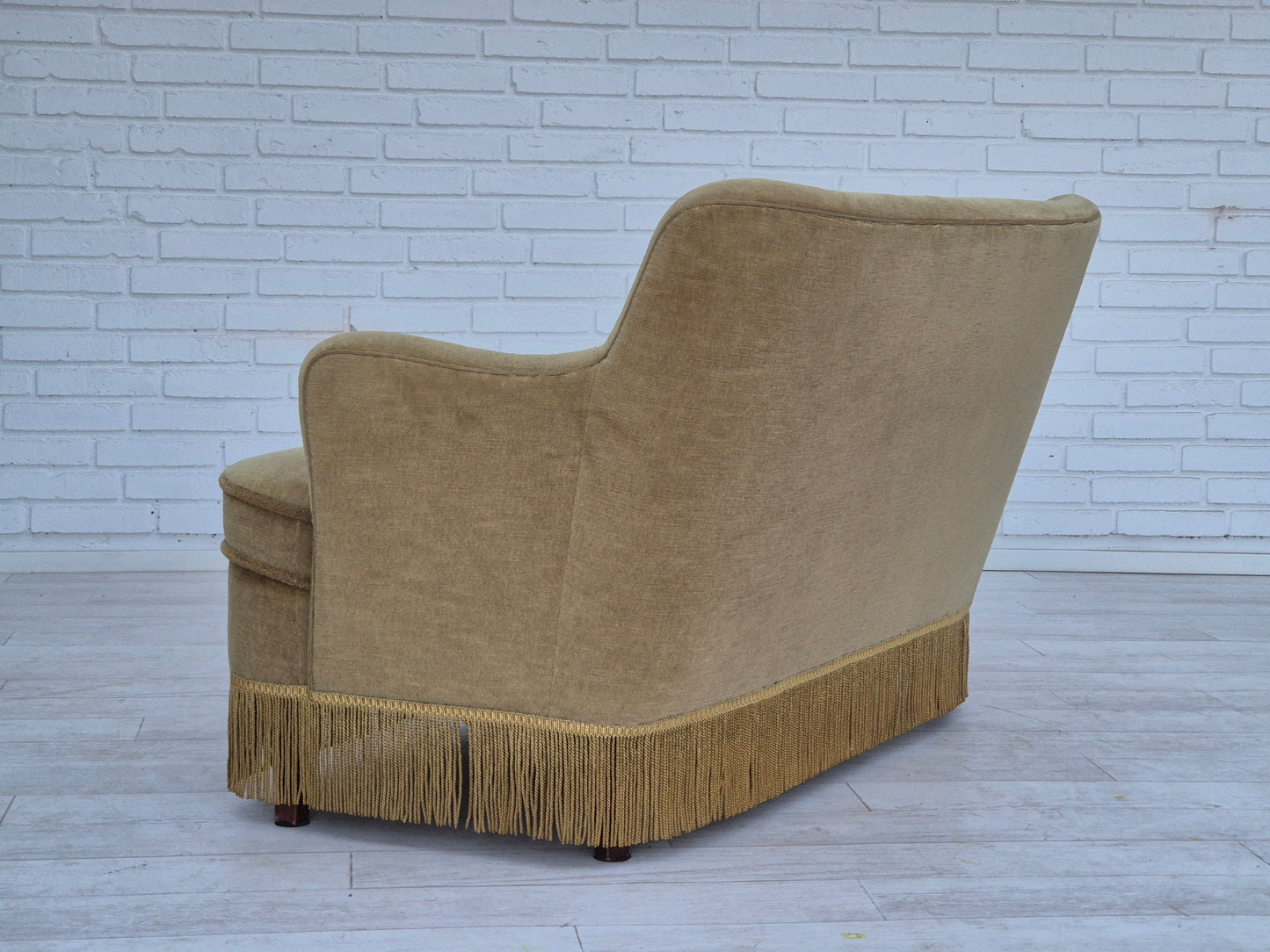 1970s, Danish 2 seater sofa, original condition, green furniture velour, beech wood legs.