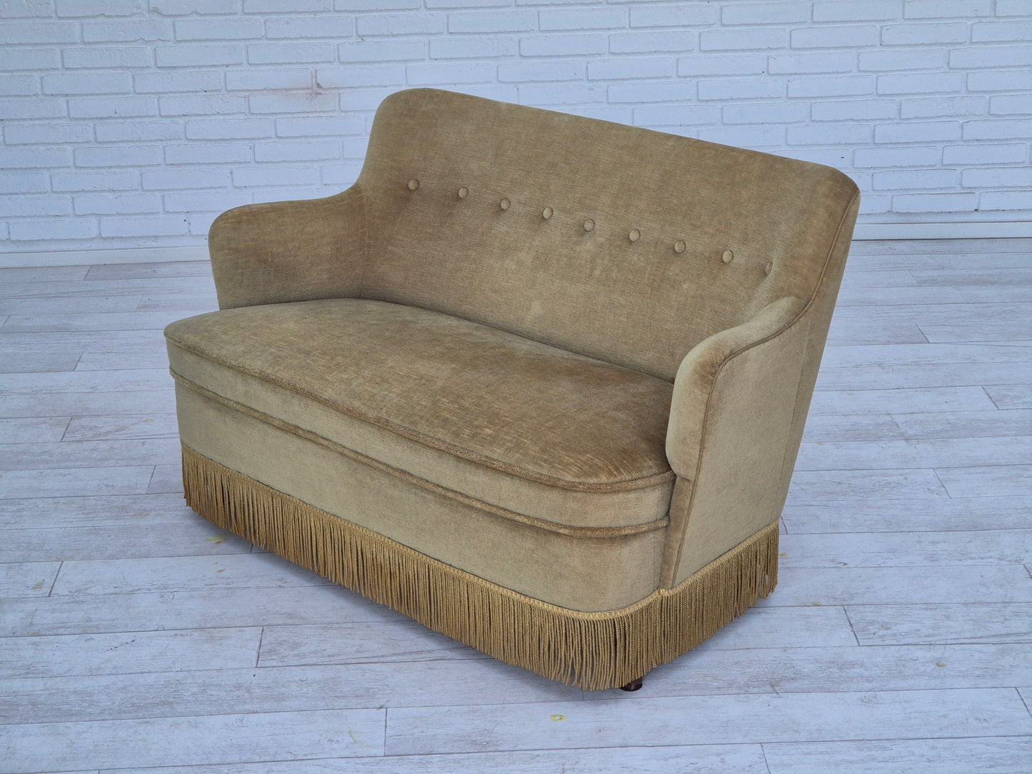 1970s, Danish 2 seater sofa, original condition, green furniture velour, beech wood legs.